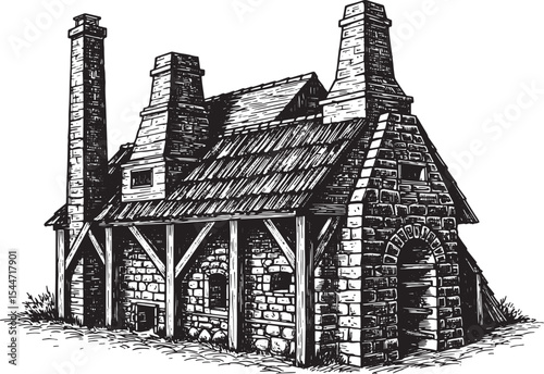 Detailed ink drawing of a medieval brick building with chimneys