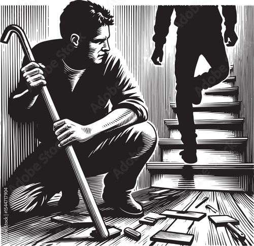 Tension in the Basement: A Man with a Crowbar Faces Approaching
