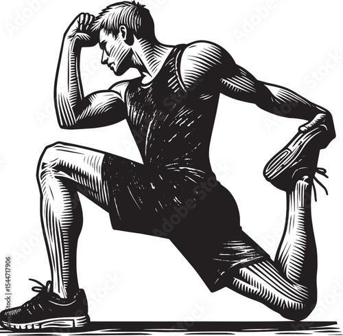 Dynamic woodcut illustration showcasing a man in a stretch, fitn