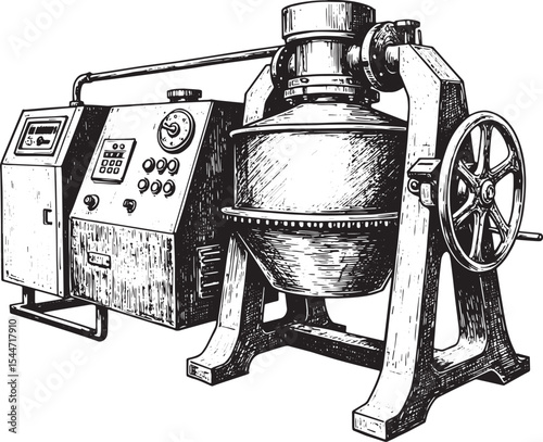 Detailed ink drawing of industrial cement mixer machine in a min