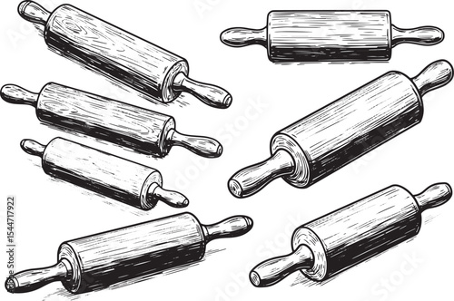 Detailed Monochrome Illustration of Various Rolling Pins, Baking