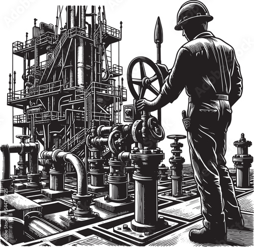 Detailed woodcut drawing of an oil rig worker operating machiner
