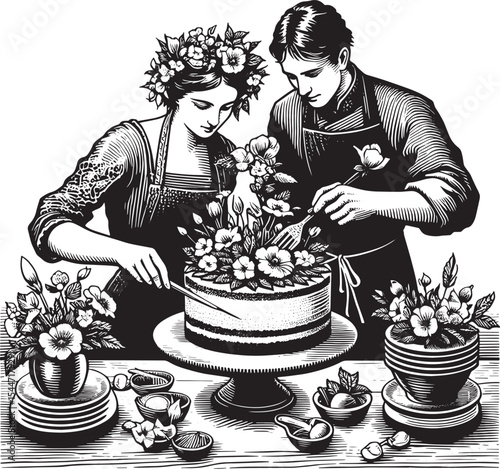 Couple elegantly arranging edible flowers on a layered cheesecak