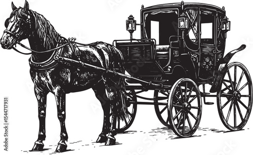 Vintage Horse-Drawn Carriage Illustration in Black and White: A