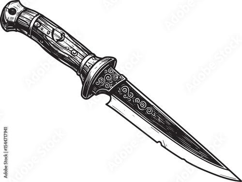 Detailed Black and White Illustration of an Ornate Dagger on a W