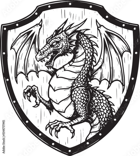 Detailed Black and White Dragon Illustration on a Shield for Fan