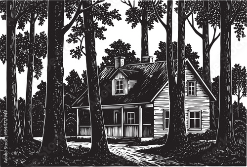 Illustration of a cozy house nestled among towering trees in a m