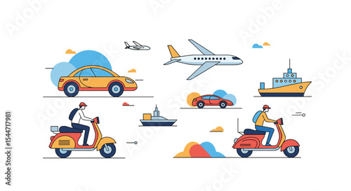 Diverse transportation methods for a modern world with an economy concept illustrated flat