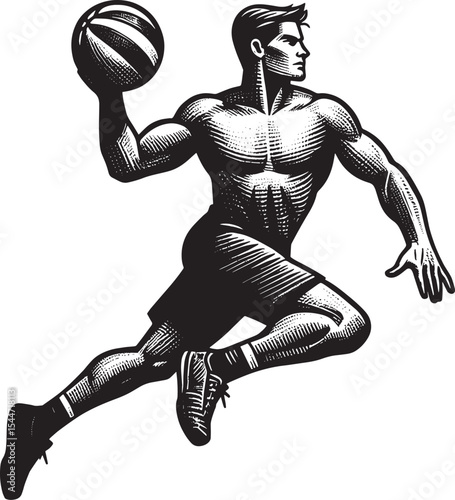 Dynamic dodgeball throw action in woodcut style, isolated on whi