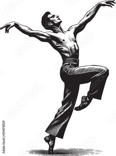Woodcut illustration showcasing a male dancer in a dynamic and e