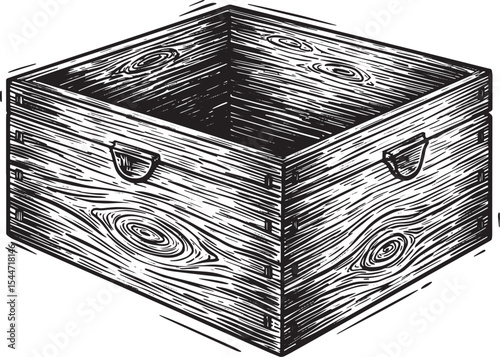 Detailed Black and White Illustration of a Wooden Box with a rus