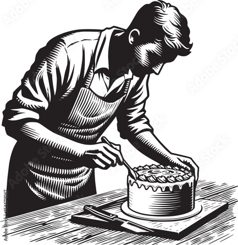 Monochrome baker decorating layered cake with icing in woodcut i