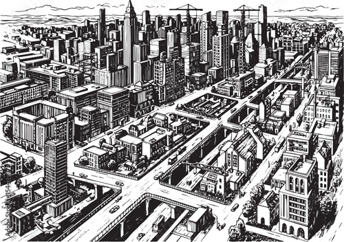 Detailed illustration of a bustling cityscape in black and white