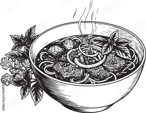 Elegant illustration of vietnamese pho soup bowl with herbs and