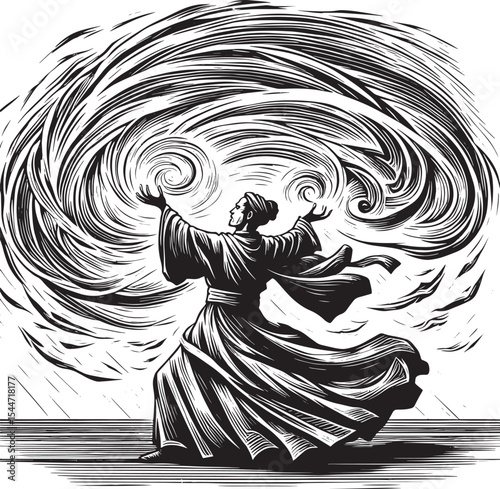 Mystic figure orchestrating swirling energies in monochrome wood