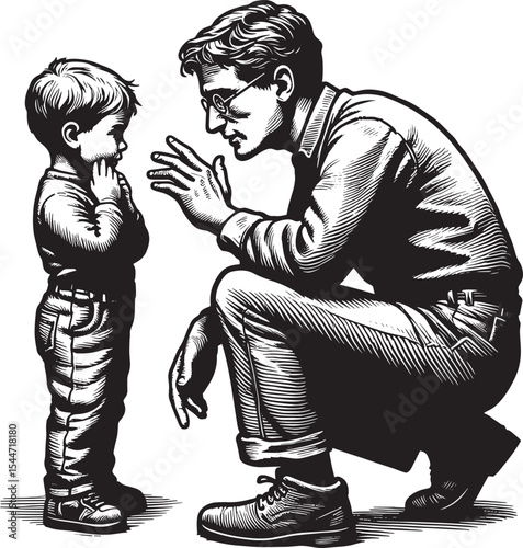 Crouching man explaining procedures to a child, captured in a re