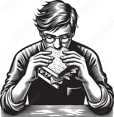 Monochrome Woodcut Illustration of a person focused on devouring