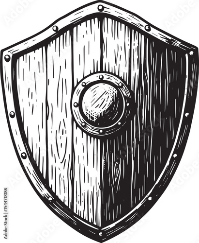 Detailed Hand-Drawn Shield Illustration in Black and White on a