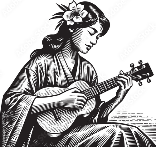 Monochrome Ukulele Player with Floral Adornment in Woodcut Style