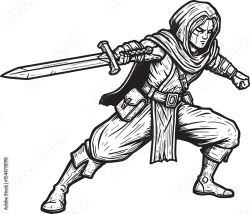 Black and white drawing of a hooded warrior with a sword in an a