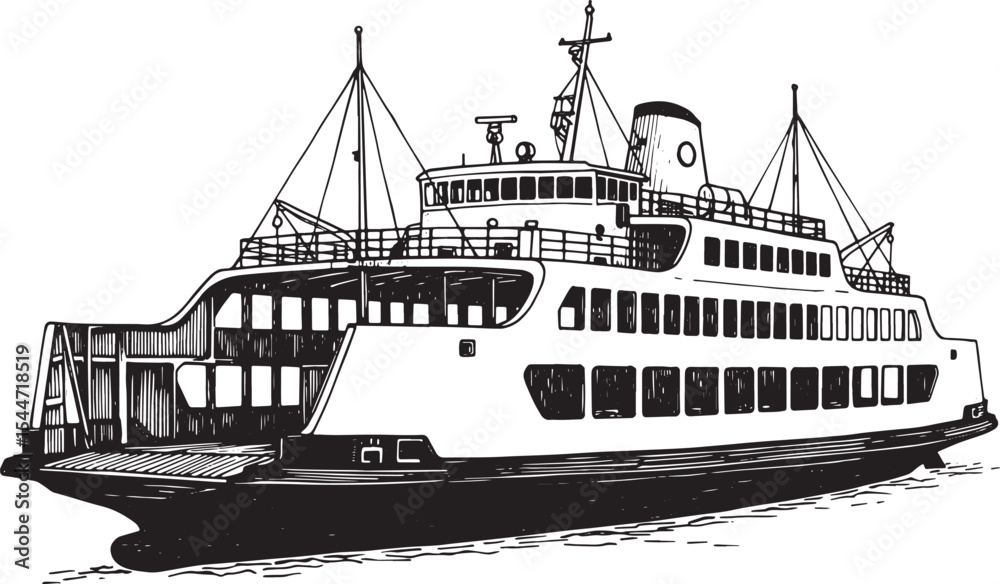 Fototapeta premium Black and white illustration of a ferry boat on the water transp
