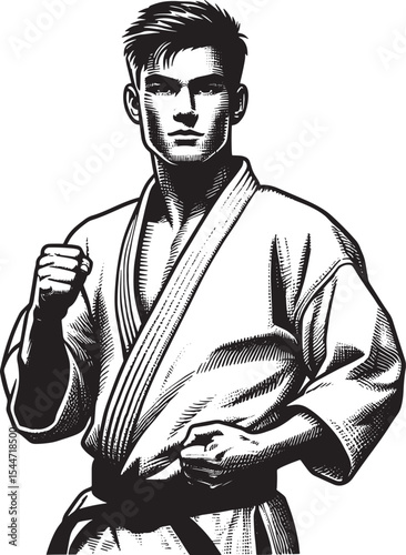 Monochrome illustration of a determined male karate athlete in f
