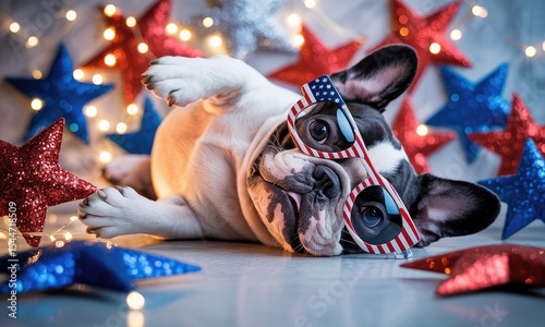 Adorable french bulldog puppy in patriotic sunglasses