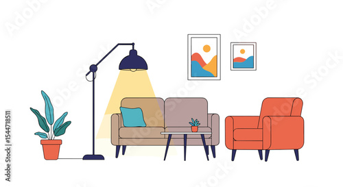 Flat Minimalist Vector Illustration of a Cozy Living Room with Home Decor Items