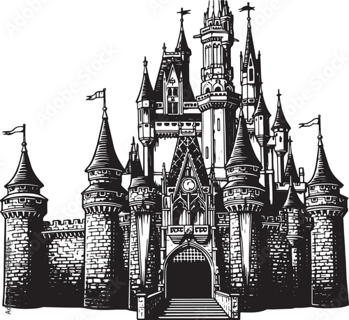 Detailed Black and White Illustration of a Fairytale Castle on a