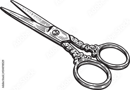 Detailed illustration of antique scissors with intricate floral