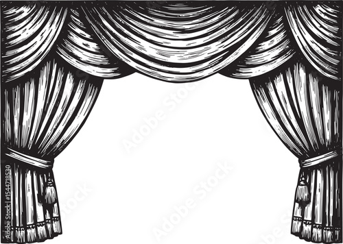 Elegant hand-drawn theater curtain illustration in black and whi