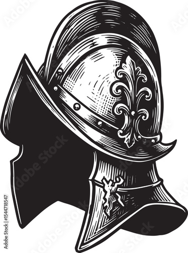 Detailed Engraving of a Medieval Helmet on a White Background