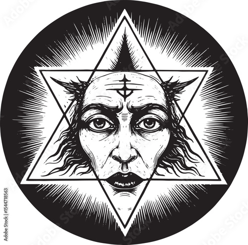 Illustration of a face inside a star inside a circle, black and
