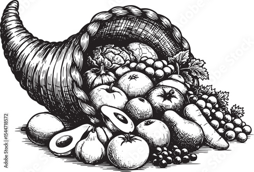 A Detailed Black and White Illustration of a Cornucopia Filled w