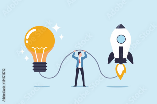 Connecting ideas to launch Businessman bridging the gap between a lightbulb and a rocket for innovation and success