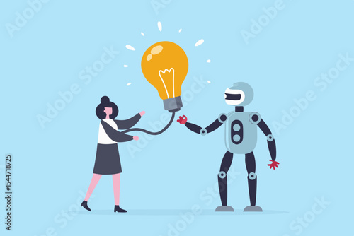 Human and Robot Collaboration for Innovation Woman Reaching for Idea Lightbulb held by Robot Artificial Intelligence and Creativity