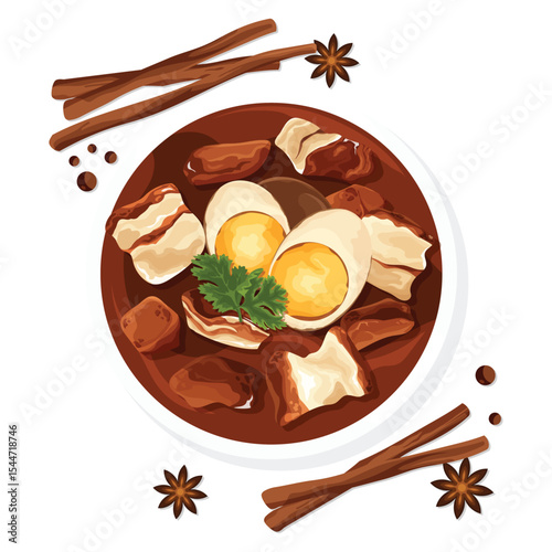 Delicious Thai "Phalo" five-spice stewed pork and eggs vector illustration. Classic Asian comfort food with rich broth, featuring star anise and cinnamon. Perfect for Thai cuisine menus or food blogs.