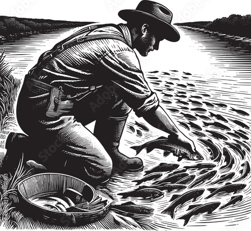 Fisherman returns juvenile fish to the river in a detailed monoc