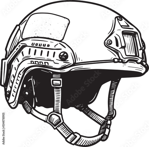 Detailed Monochrome Illustration of a Tactical Helmet, Isolated