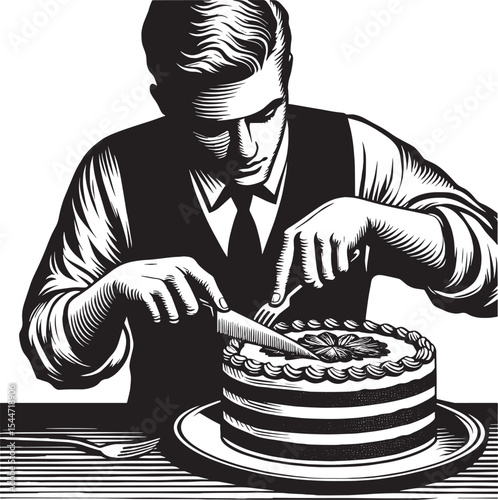 A meticulously styled man carefully slices a delicious cake in a