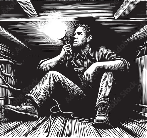 Man Inspecting Crawlspace with Flashlight in Woodcut Style Illus