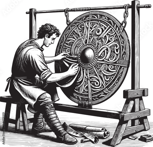 Craftsman meticulously crafting a decorative shield using time h