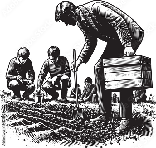 Engraved illustration of agricultural science experiment with st