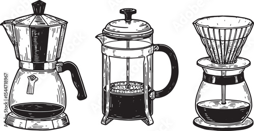 Illustration of Different Coffee Brewing Devices: Moka Pot, Fren