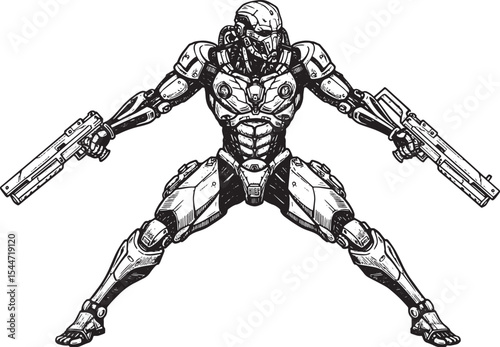 Detailed black and white illustration of a futuristic cyborg war