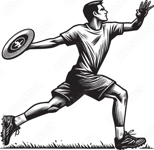 Dynamic male athlete in woodcut illustration style playing Ultim