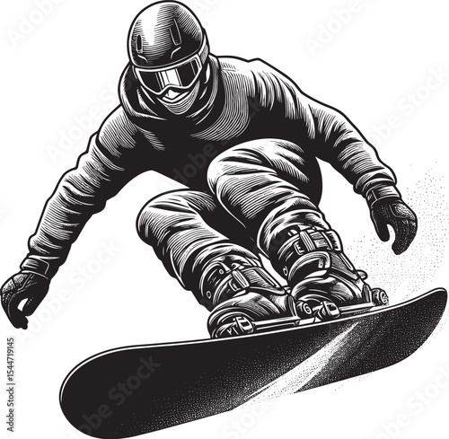 Monochrome depiction of a snowboarder in detailed woodcut style