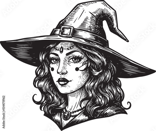 Intricate Illustration of a Witch with a Hat in Detailed Black a