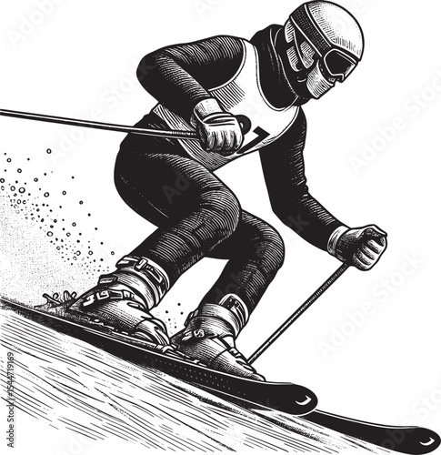 Dynamic Downhill Skier: Engraved Illustration of Athletic Winter
