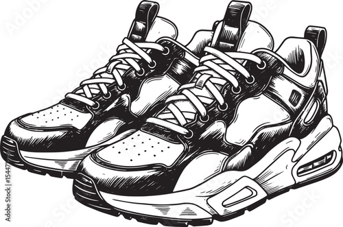 Detailed Black and White Illustration of Modern Sneakers for Spo
